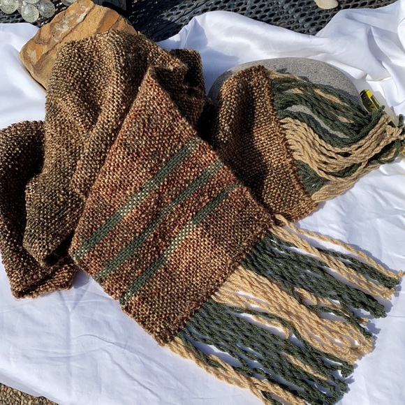NEW Scarf Unisex handmade woven brown green fringe soft long acrylic fringe - Picture 7 of 10